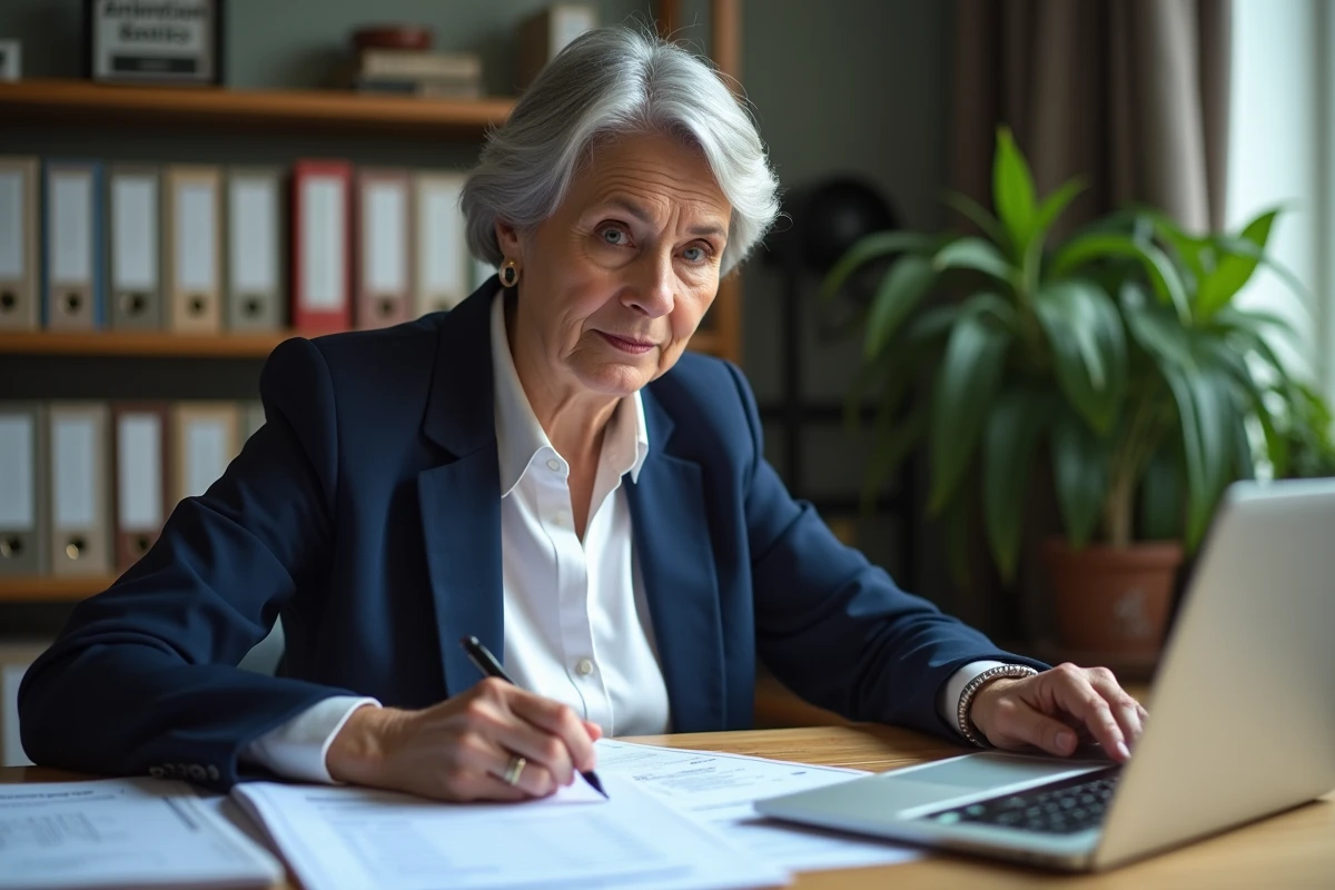 Professeure de 58 ans consultant ses fiches de salaire et un simulateur de retraite sur son bureau d'école