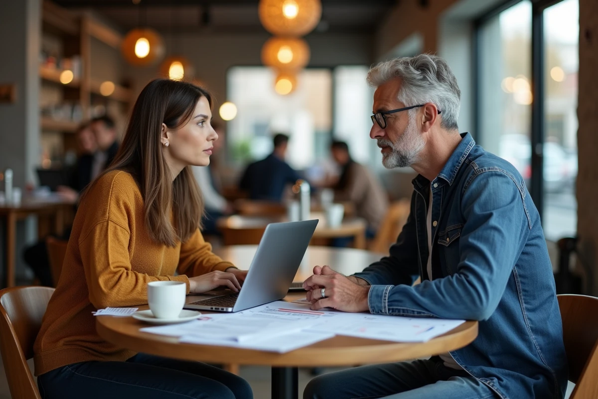 Deux professionnels indépendants discutant d'une stratégie SEO avec des documents et laptops dans un café co-working