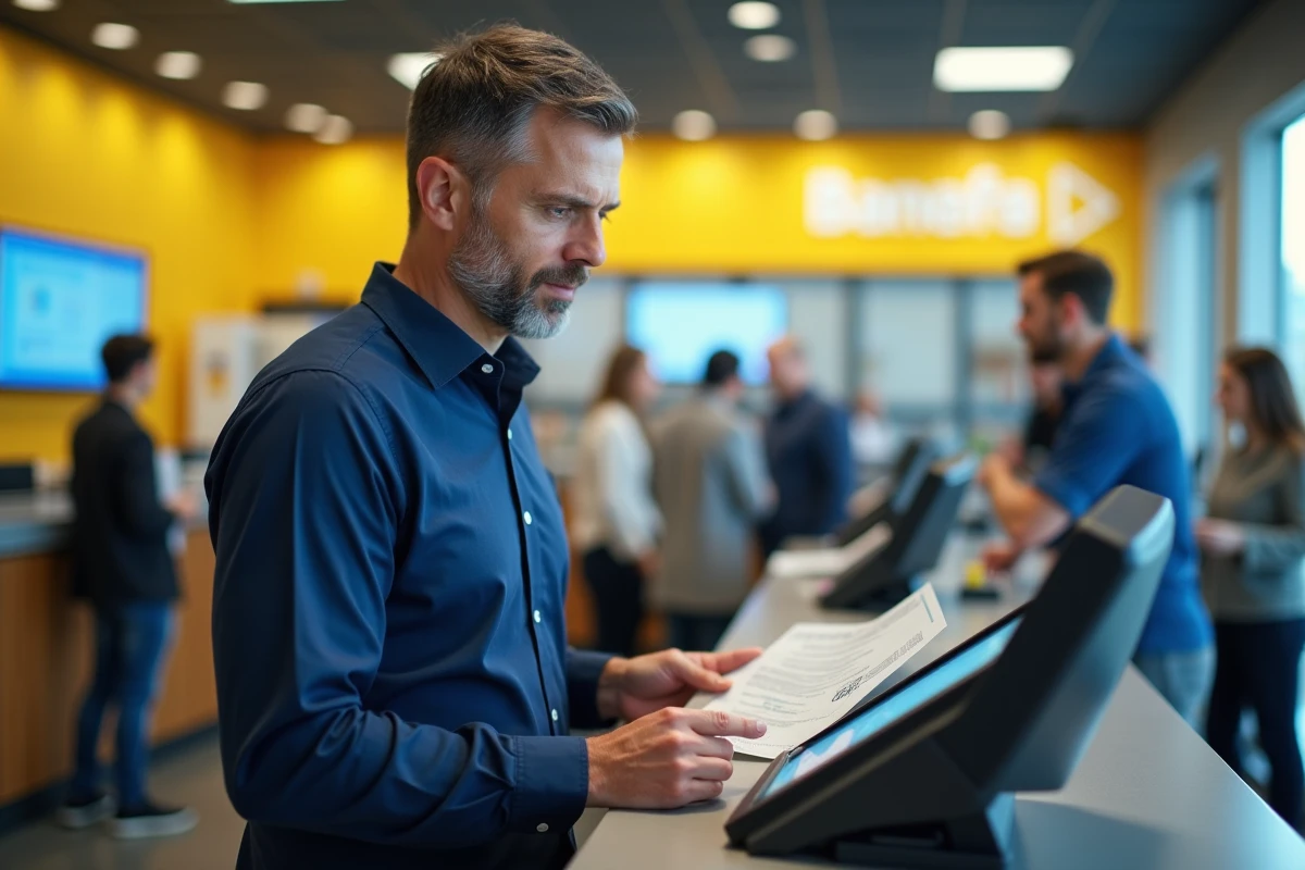 Homme récupérant son identifiant La Poste Banque sur une borne en agence postale