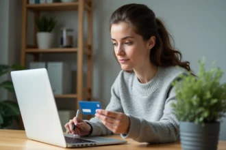 Femme consultant son identifiant La Poste Banque sur un ordinateur portable à son bureau à domicile