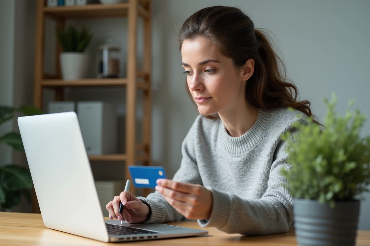 Femme consultant son identifiant La Poste Banque sur un ordinateur portable à son bureau à domicile