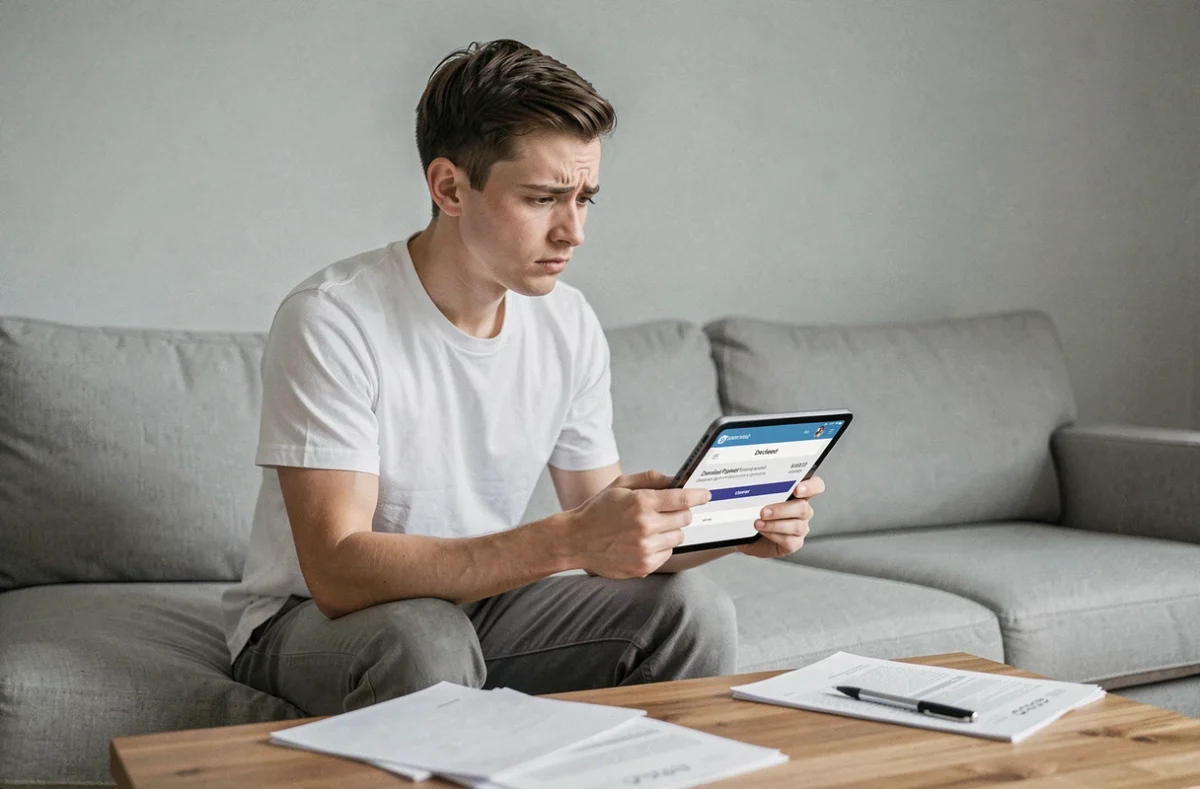 Jeune adulte vérifiant un rejet de prélèvement Free sur tablette dans un salon minimaliste