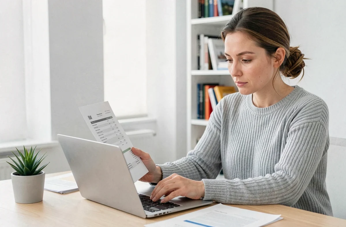 Femme vérifiant un remboursement Remisereduc sur son relevé bancaire depuis un bureau à domicile