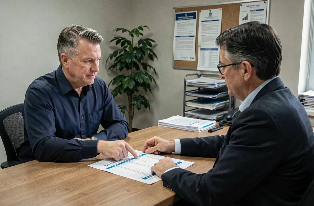 Homme en rendez-vous administratif consultant le calendrier invalidité 2026 avec un conseiller
