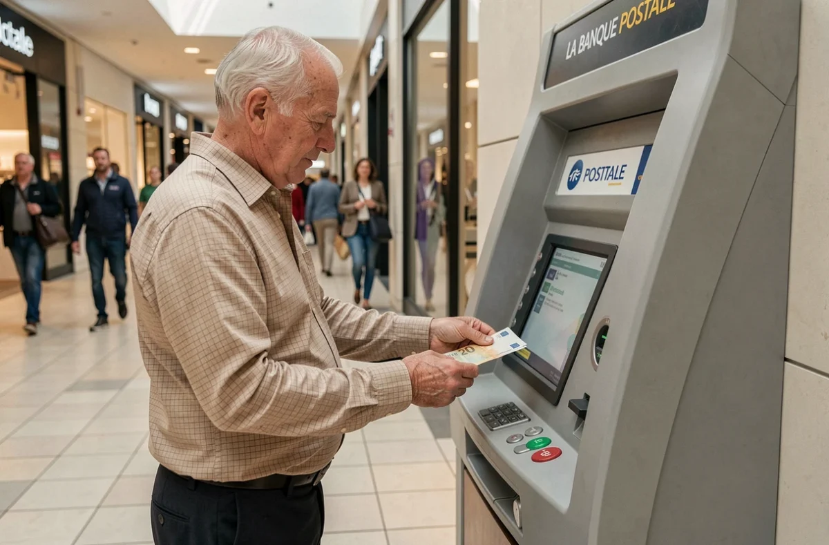 Senior retirant des billets en euros à un distributeur La Banque Postale installé dans une galerie commerciale française