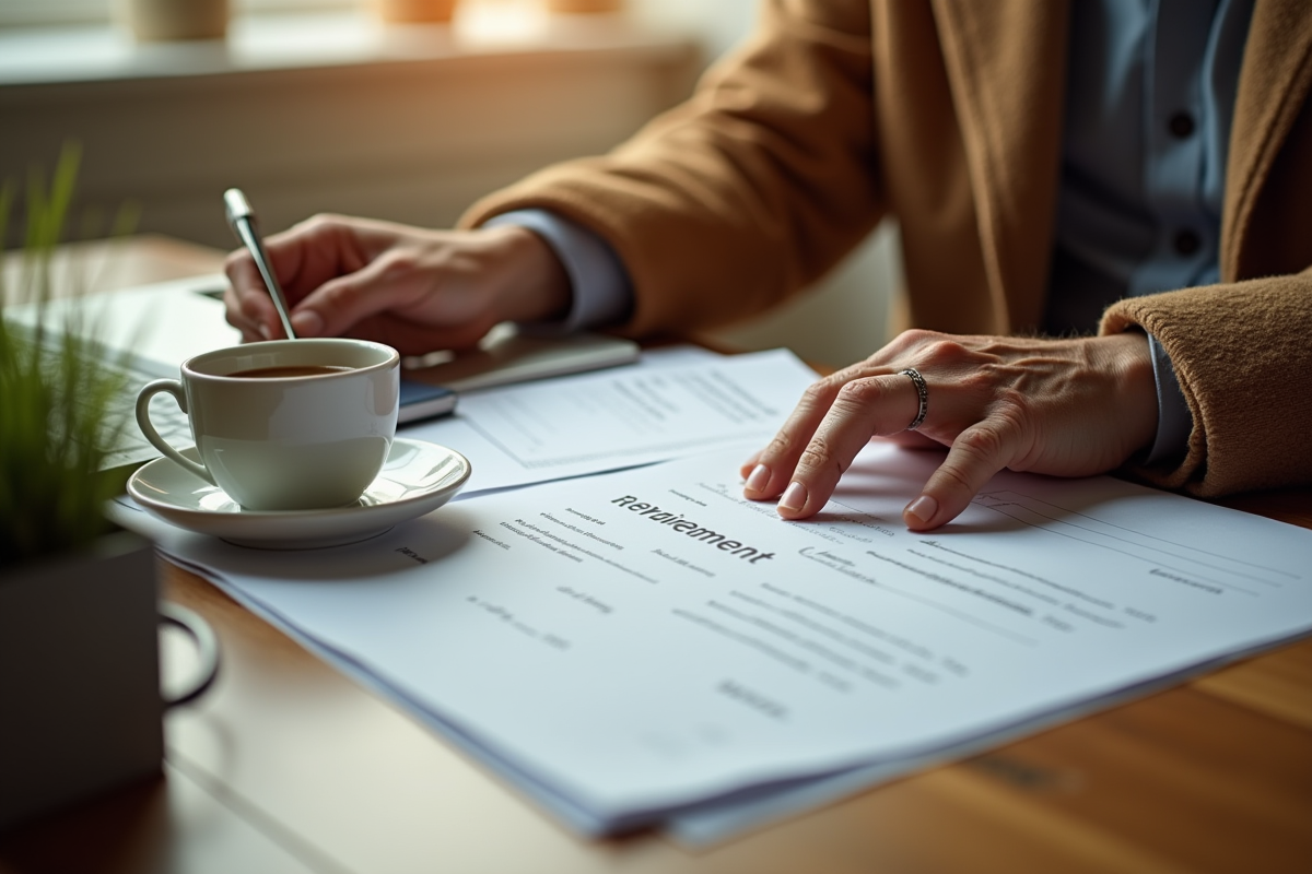 Personne agee examinant documents de retraite a la maison