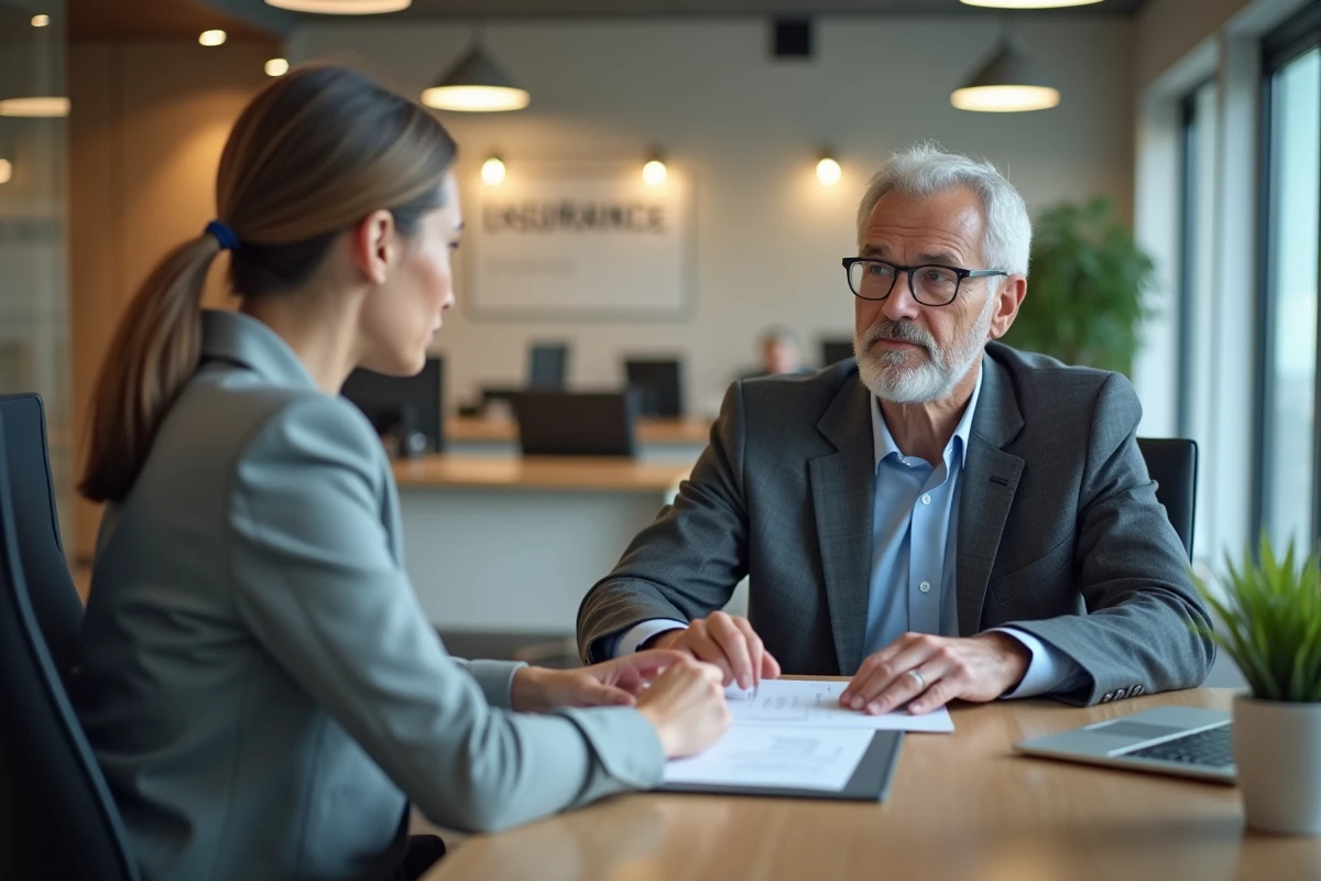 Client et conseillère discutant d'un remboursement de sinistre dans une agence d'assurance Pacifica