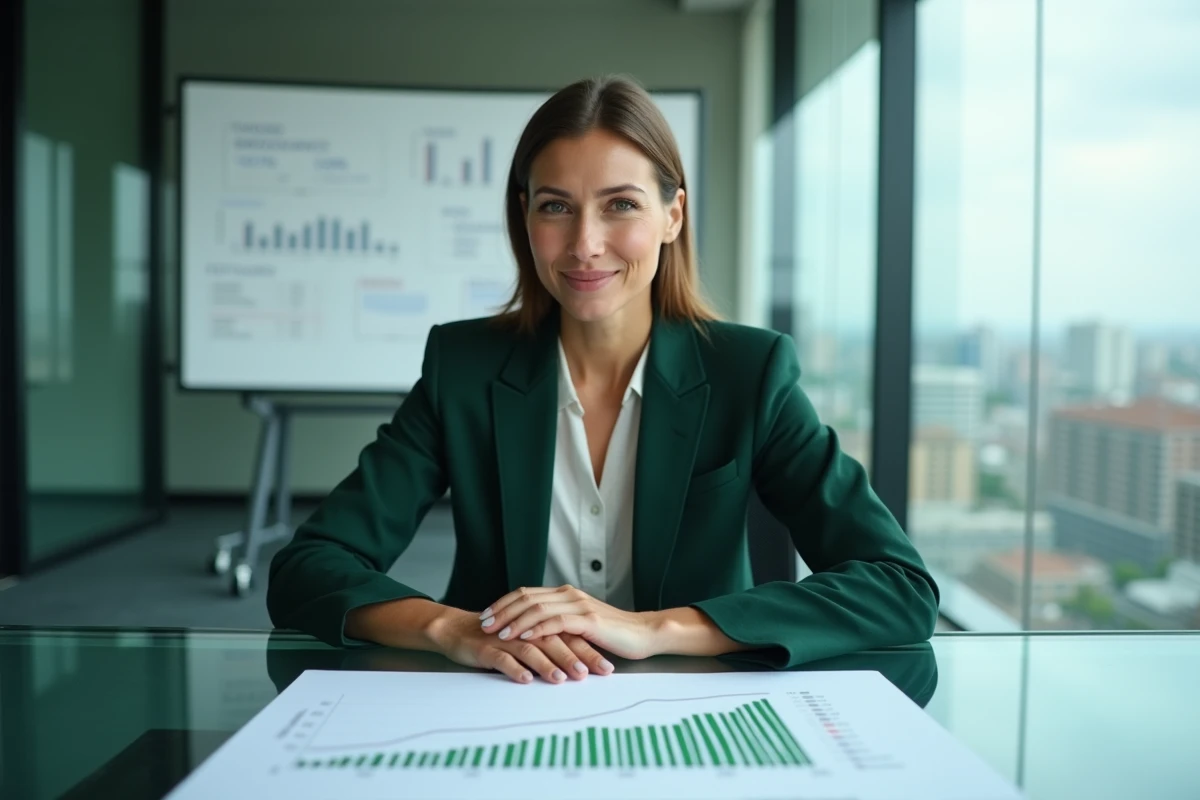 Femme d'affaires devant un tableau de performance ambitieux avec une cible de croissance élevée en salle de réunion