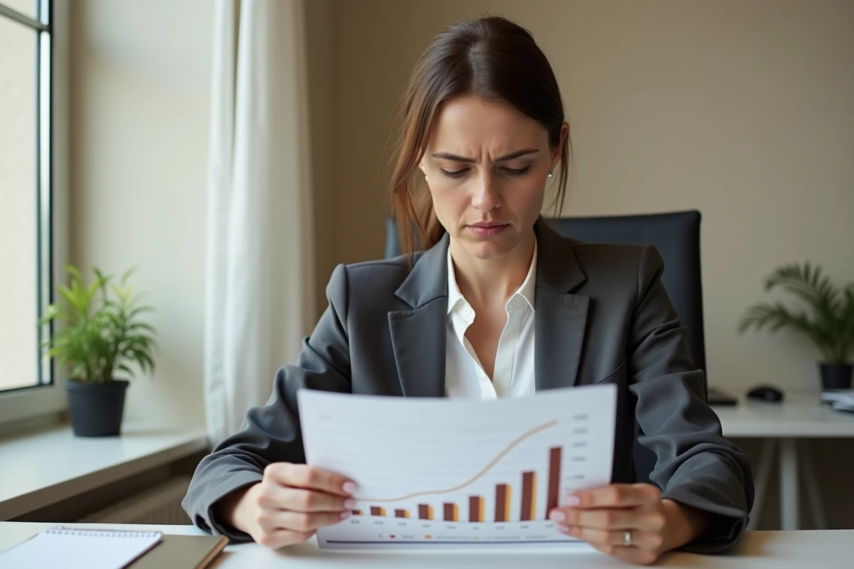 Femme analysant un scénario pessimiste sur un rapport financier avec une courbe de croissance basse mais stable