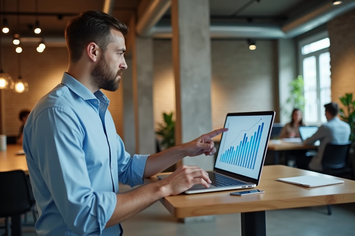 Entrepreneur debout devant son ordinateur portable examinant un scénario réaliste de projection ROI avec une courbe modérée