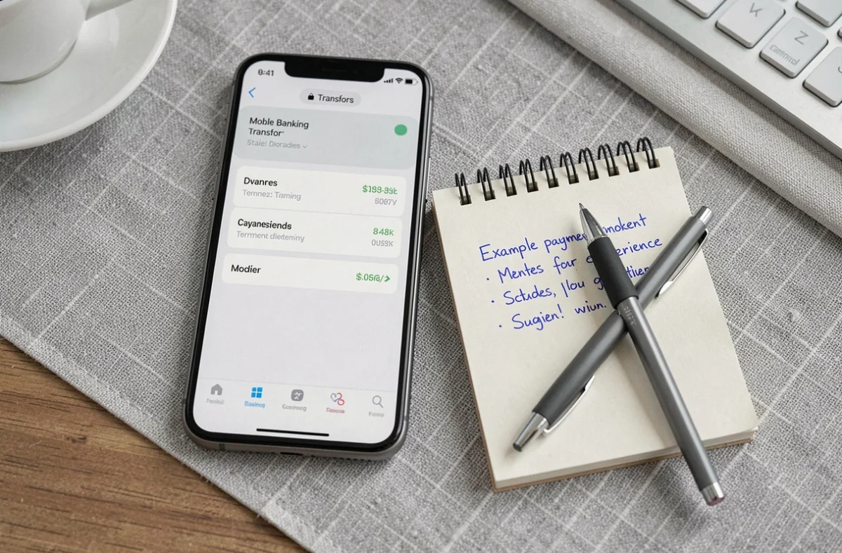 Vue aérienne d'un smartphone affichant un virement bancaire et un bloc-notes avec des exemples de libellés de paiement