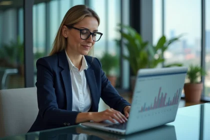 Femme cadre en banque privée consultant ses investissements en temps réel sur un ordinateur portable dans un bureau moderne