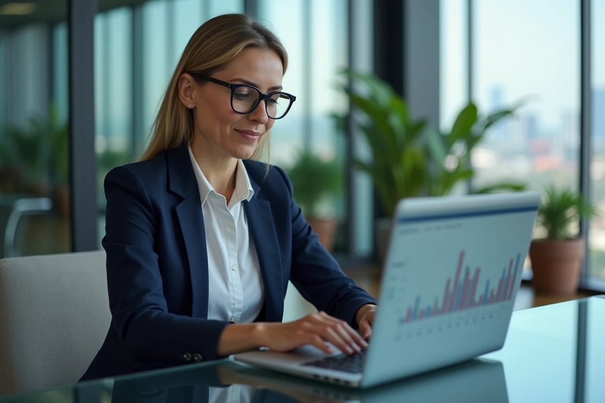 Femme cadre en banque privée consultant ses investissements en temps réel sur un ordinateur portable dans un bureau moderne