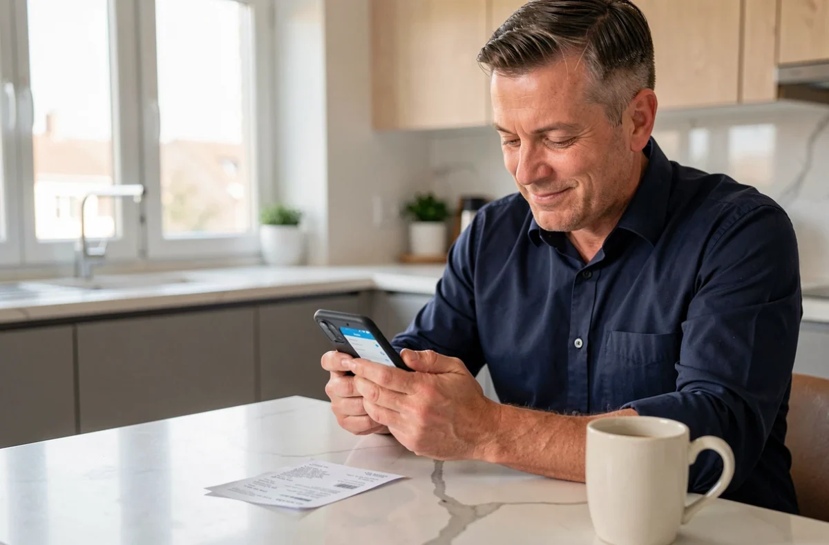 Homme consultant une application bancaire pour suivre le remboursement d'un prélèvement Remisereduc