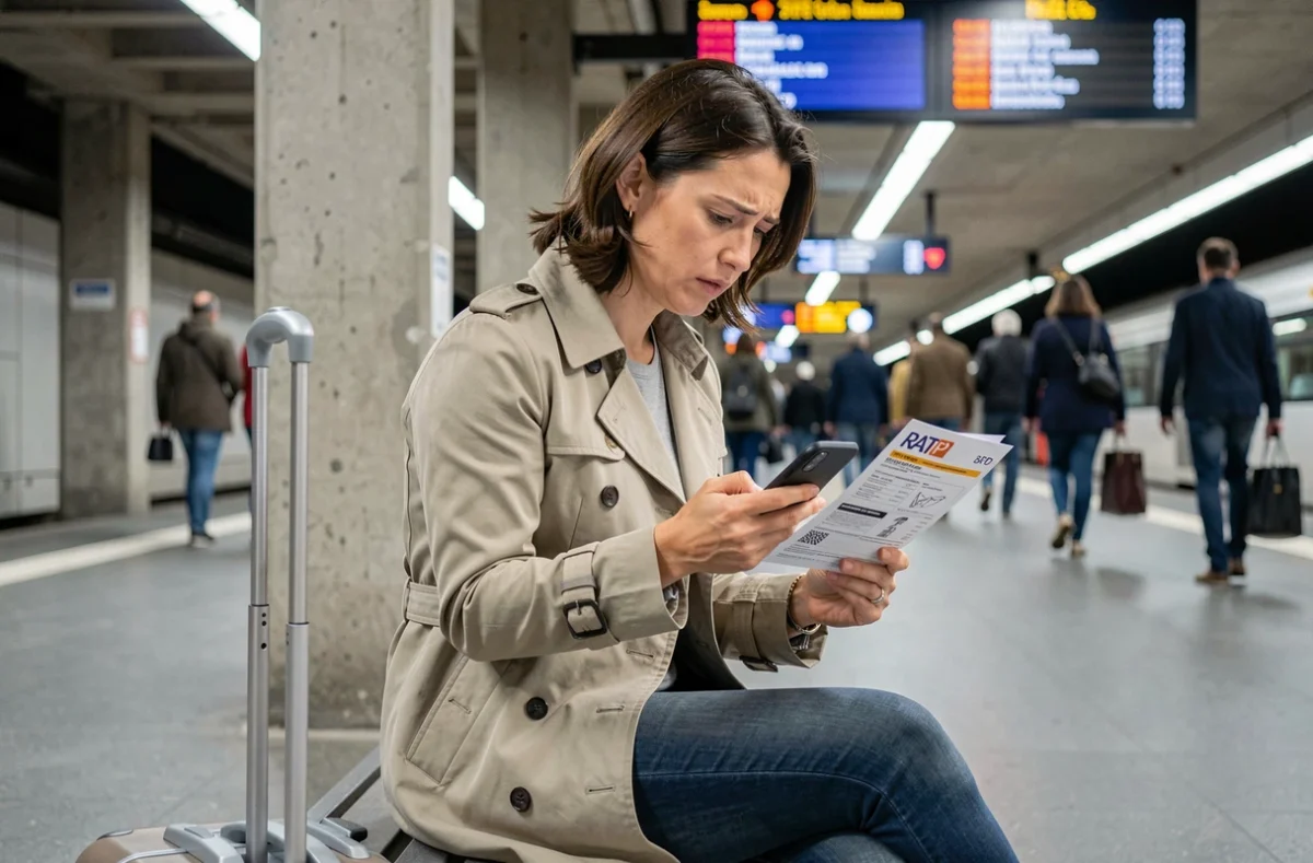 Touriste consultant une amende RATP sur son téléphone dans une gare parisienne
