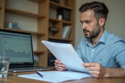 Homme consultant des documents de transfert de PEA sur un bureau en bois avec un ordinateur portable affichant un compte bourse en ligne