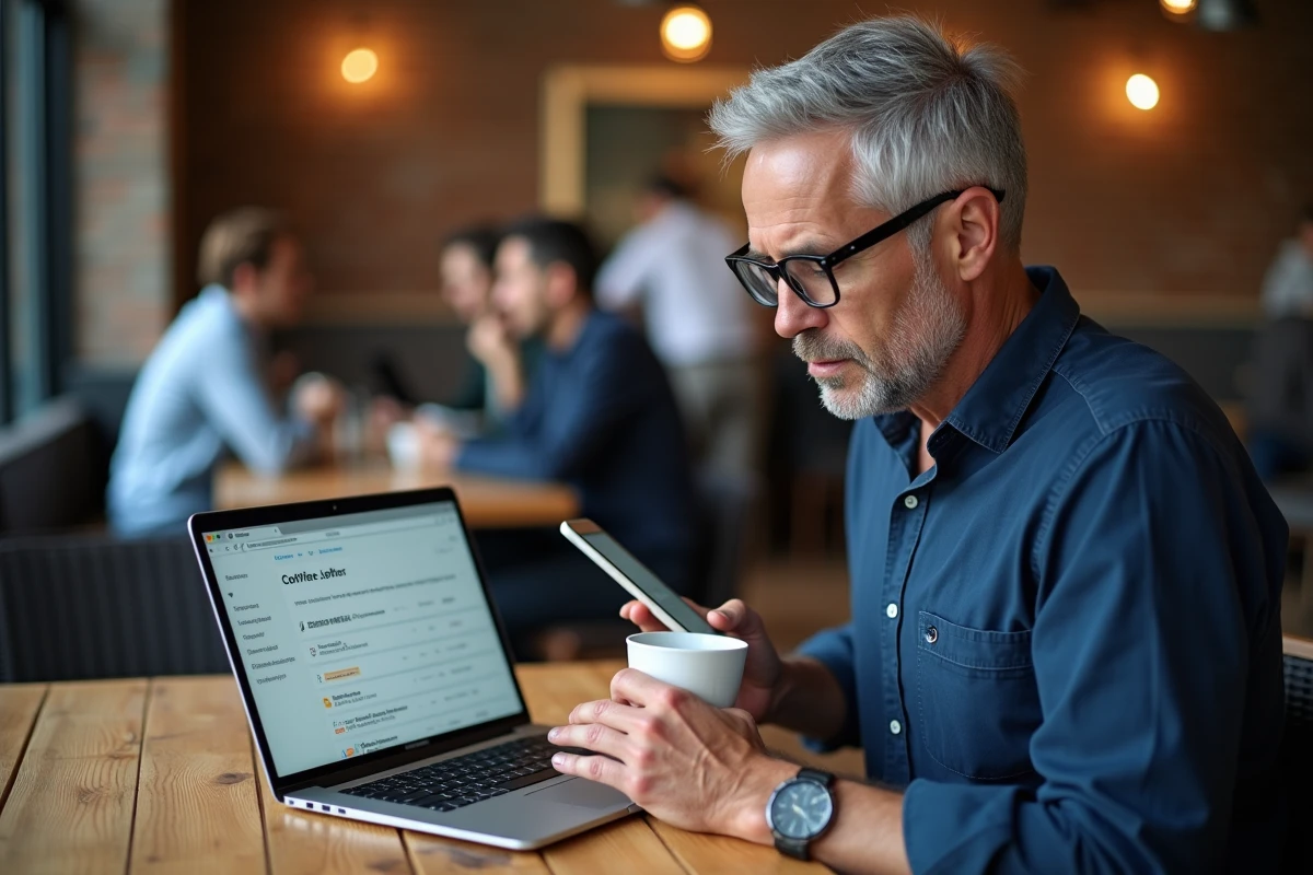 Homme vérifiant ses transactions Amazon sur ordinateur et téléphone dans un café pour identifier un débit AMZ digital