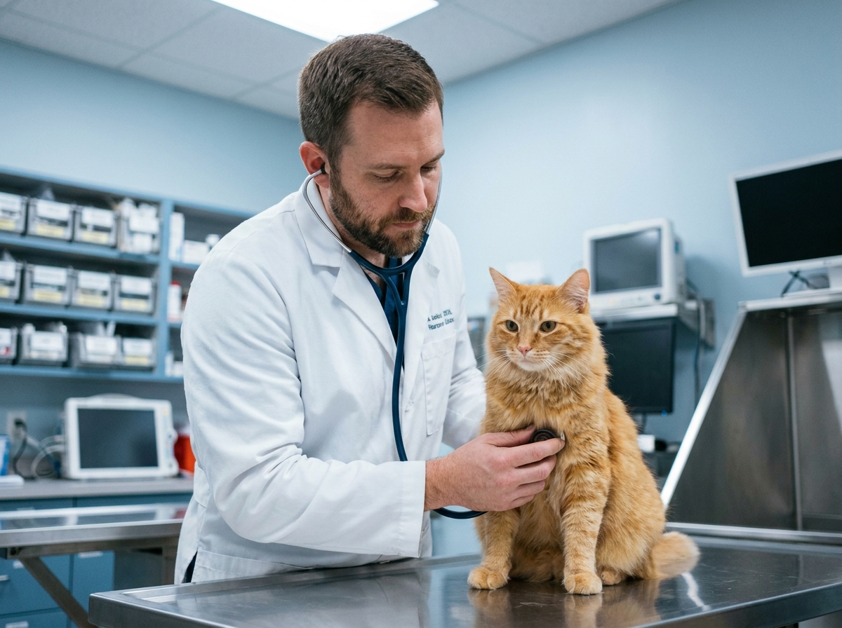 Vétérinaire examinant un chat roux avec un stéthoscope dans une clinique vétérinaire moderne