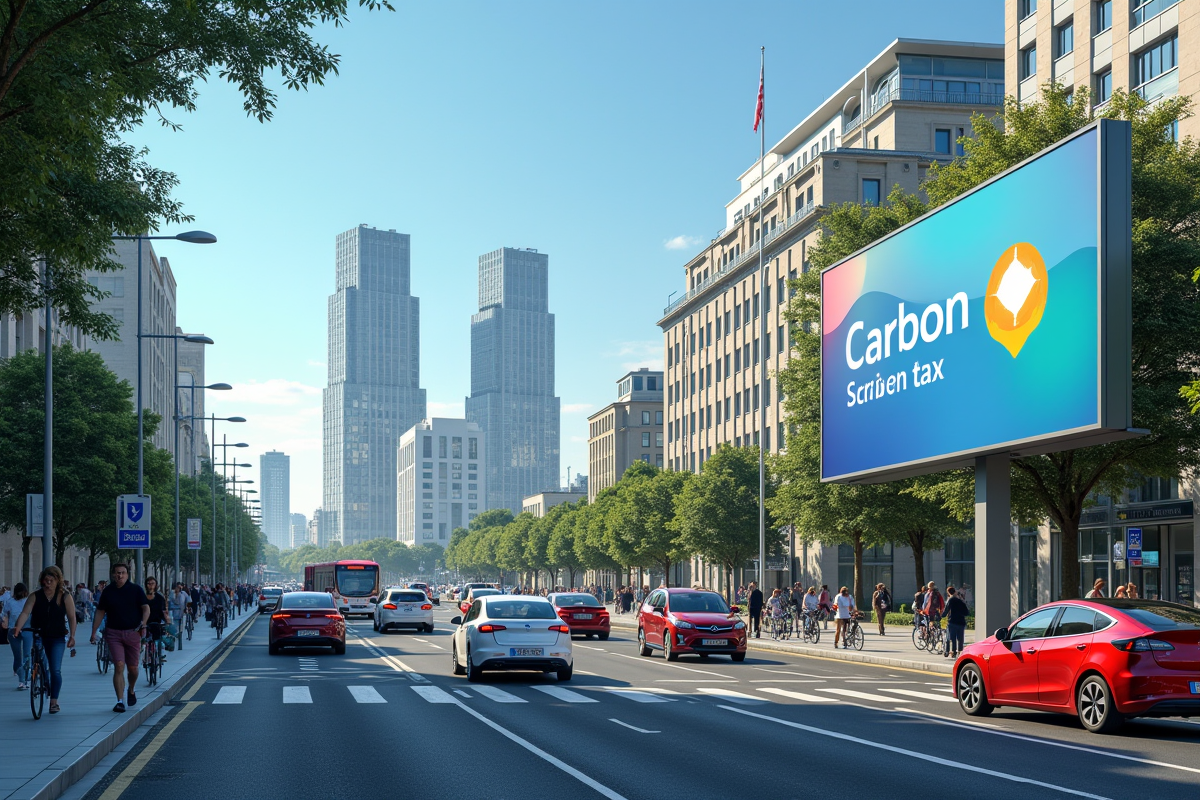 Rue urbaine avec voitures electriques et panneau taxe carbone