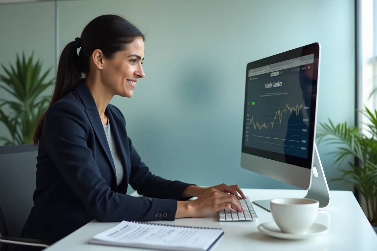 Femme en blazer marine effectuant un transfert de CTO vers Bourse Directe sur un ordinateur de bureau dans un bureau moderne