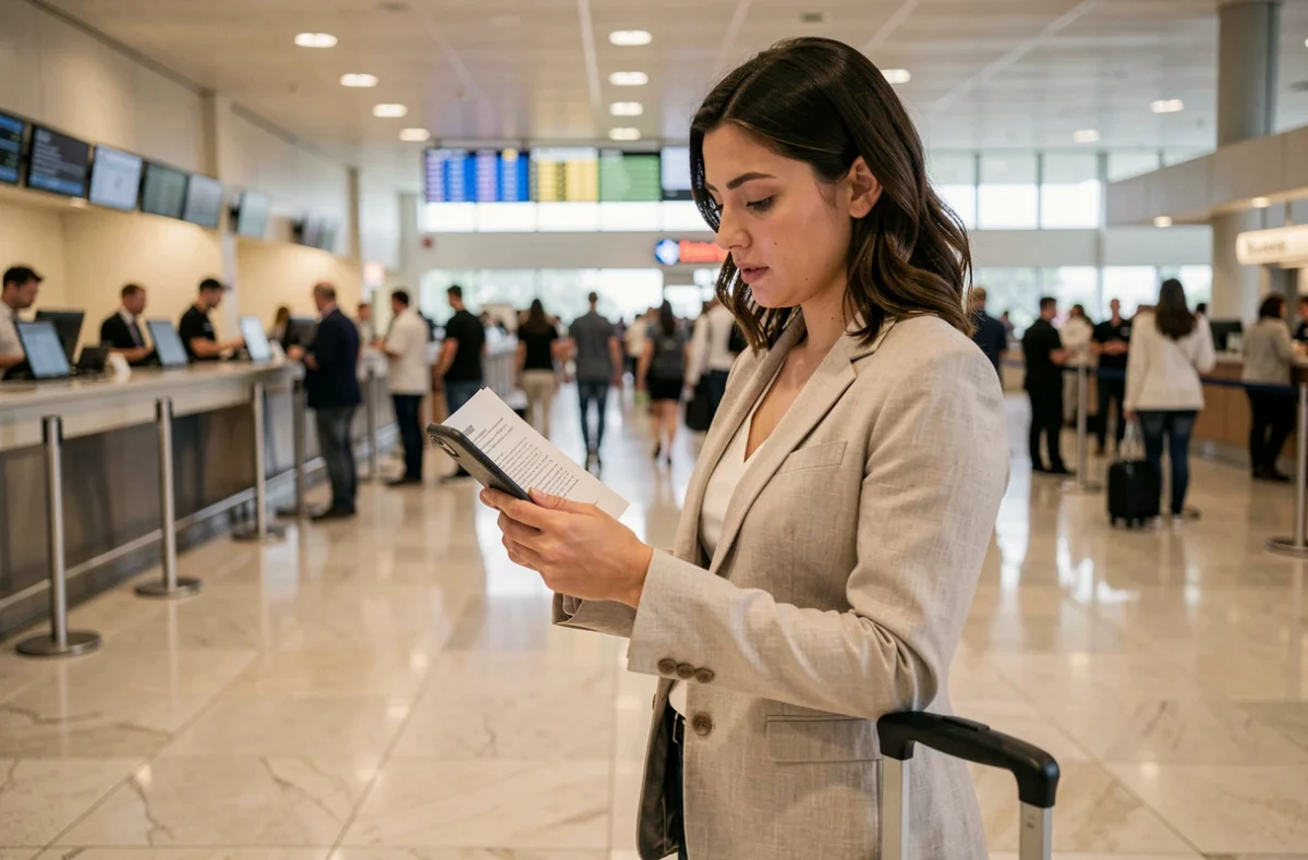 Voyageuse à l'aéroport consultant son smartphone avant d'embarquer, avec valise à roulettes, illustrant la question de l'assurance voyage Ryanair